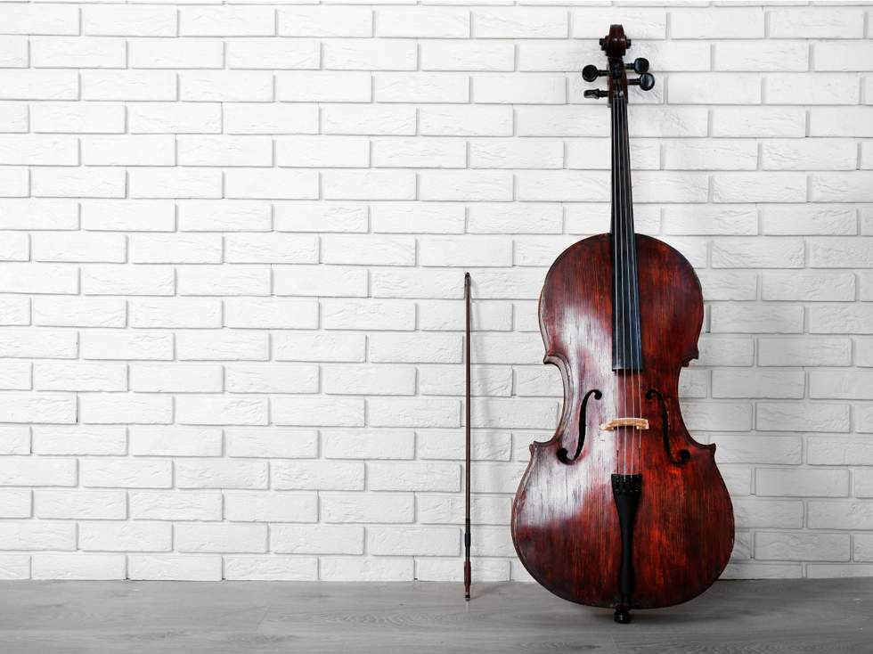 a violin against a white brick wall