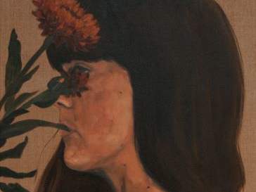 Self Portrait oil painting of artist Louise Tate profile view with strawflower resting over eye