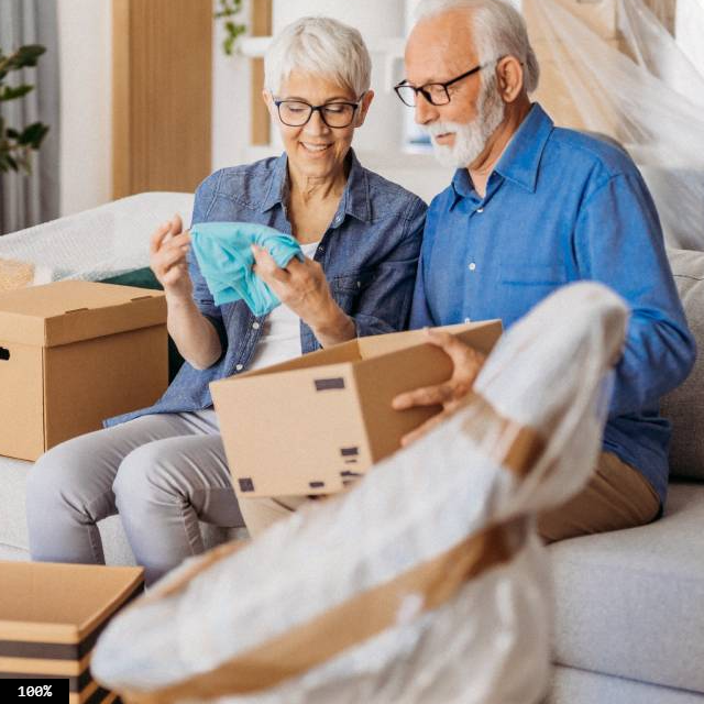 Older couple sitting on a couch going through a box 