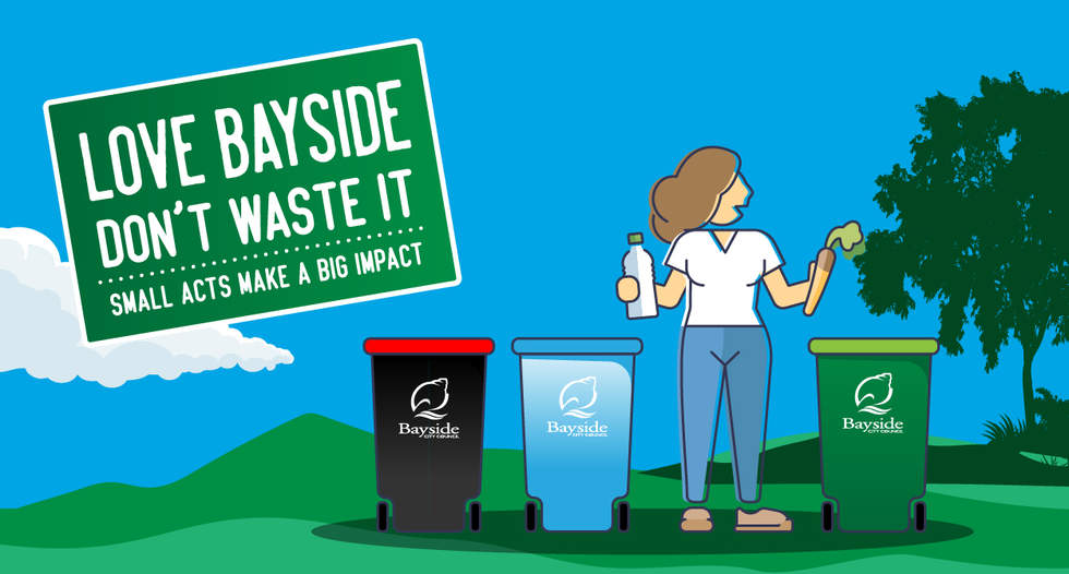 Cartoon picture of person in front of Bayside kerbside bins 