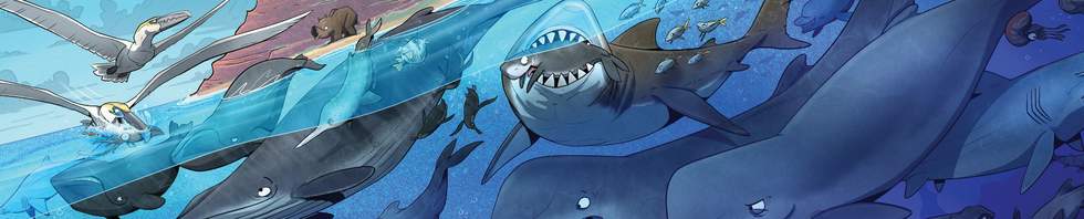 Cartoon illustrations of prehistoric sharks and whales