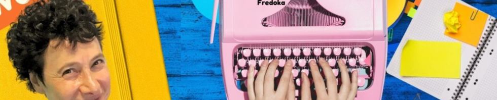 A colourful graphic with a pink typewriter featuring Anna Ciddor, ne of Australia's most renowned children's author/illustrators