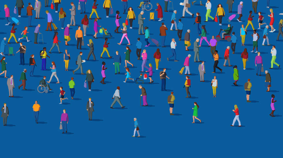 Diverse community graphic with a blue background and lots of different people.