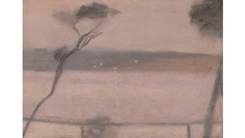A blurred, muted toned painting overlooking a bay with a slanted, skinny tree in the foreground..