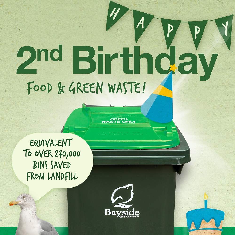 The Food and Green Waste service is celebrating its second birthday. A light green-lidded bin is shown with a party hat and a birthday banner with a seagull accompanied by a speech bubble that says over 270,000 bins saved from landfill 