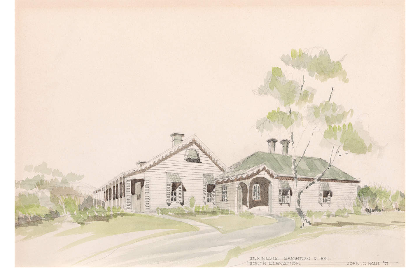Watercolour of a white weatherboard house with a green roof surrounded by vegetation.