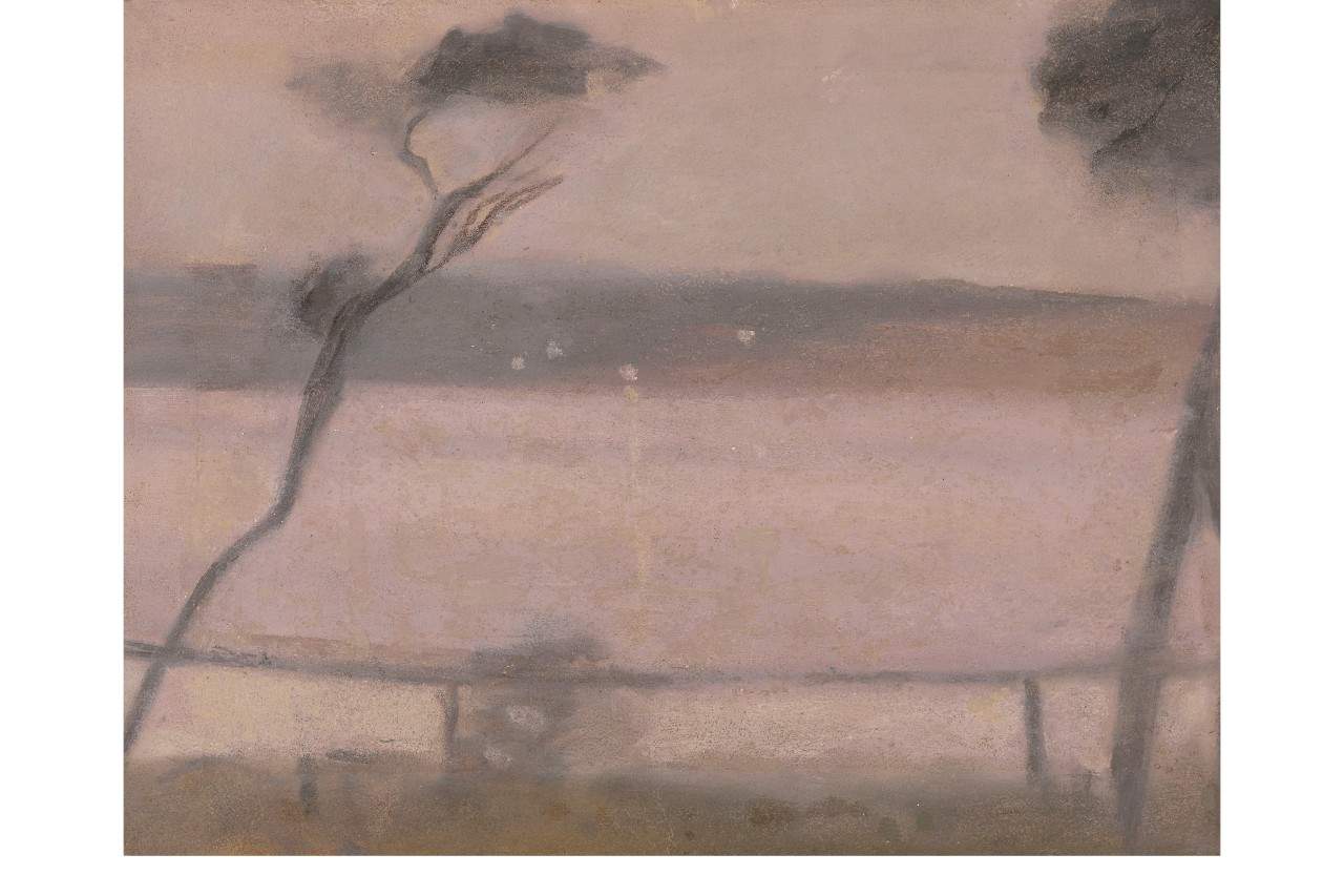 A blurred, muted toned painting overlooking a bay with a slanted, skinny tree in the foreground..