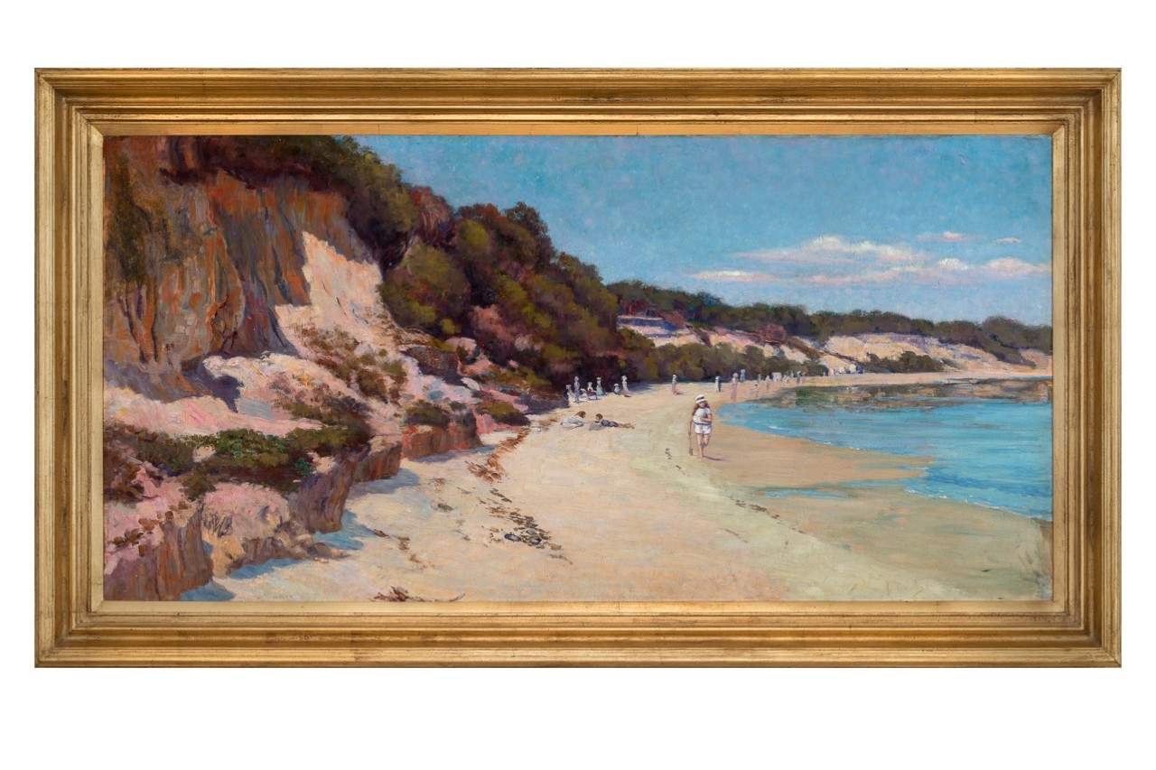 Painting of a panoramic scene of Hampton beach with sandy cliffs rising up on the left. 