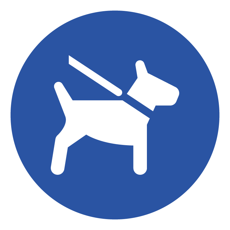Blue and white graphic of a standing dog with a lead