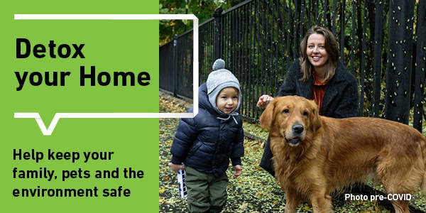 Detox your Home- Help keep your family, pets and the environment safe- photo of young child, women and family pet looking at the camera