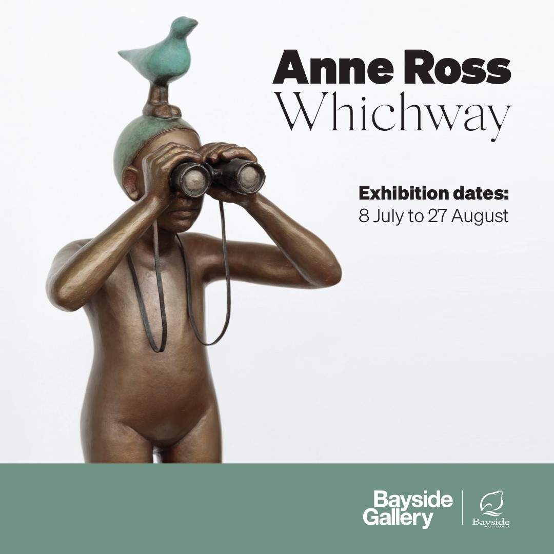 Sculpture of person looking through binoculars with a bird on their head. Text next to it reads Anne Ross: Whichway