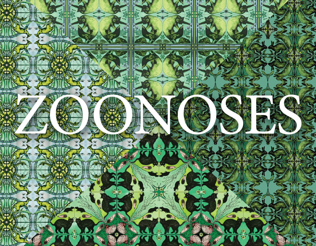 Green geometric wallpaper with white text that reads Zoonoses