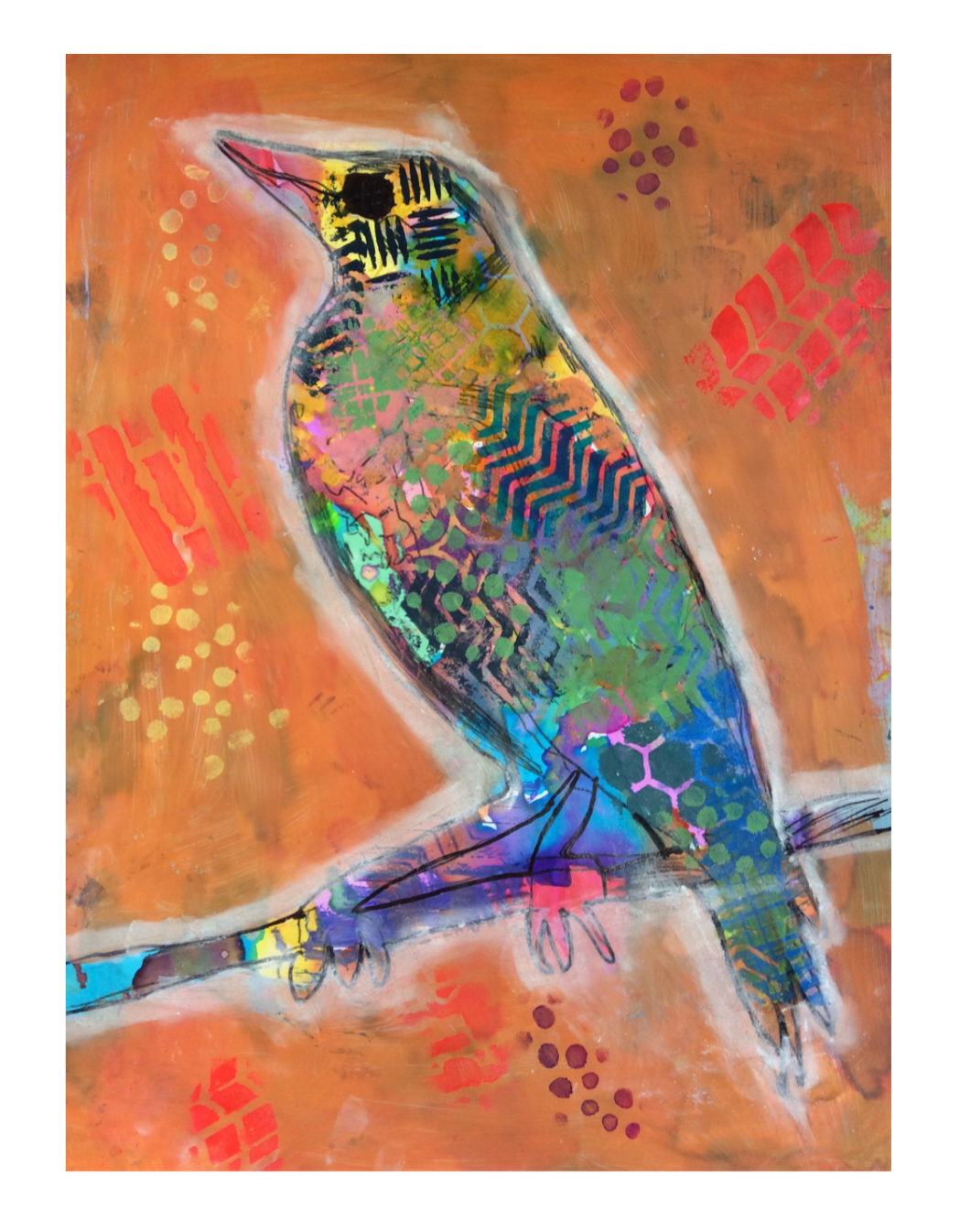 Paining of a bird on a branch - Young People of Bayside Art Awards 2023 by Willa D 10 to 13 year old Runner Up