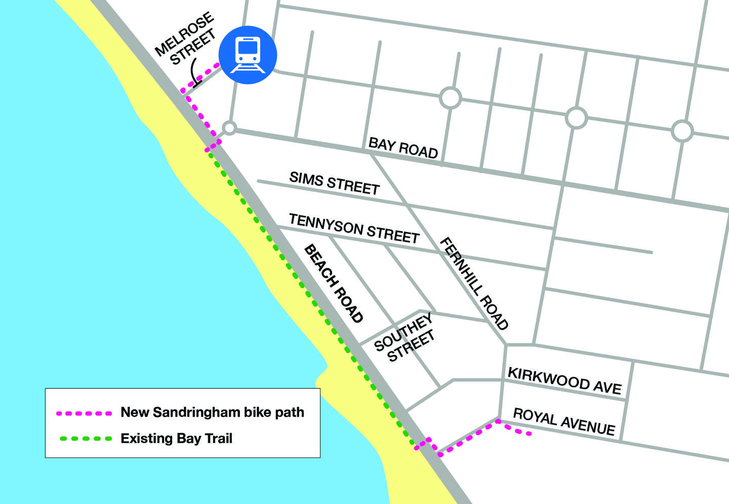 Map of Cycle Sandringham stage 1 section 1 bike path between Melrose Street and Royal Avenue