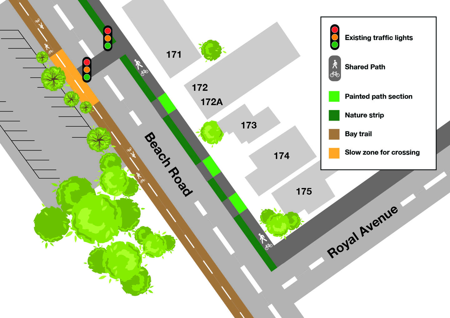 Map of Cycle Sandringham stage 1 section 1 bike path treatments at the Beach Road and Royal Avenue intersection