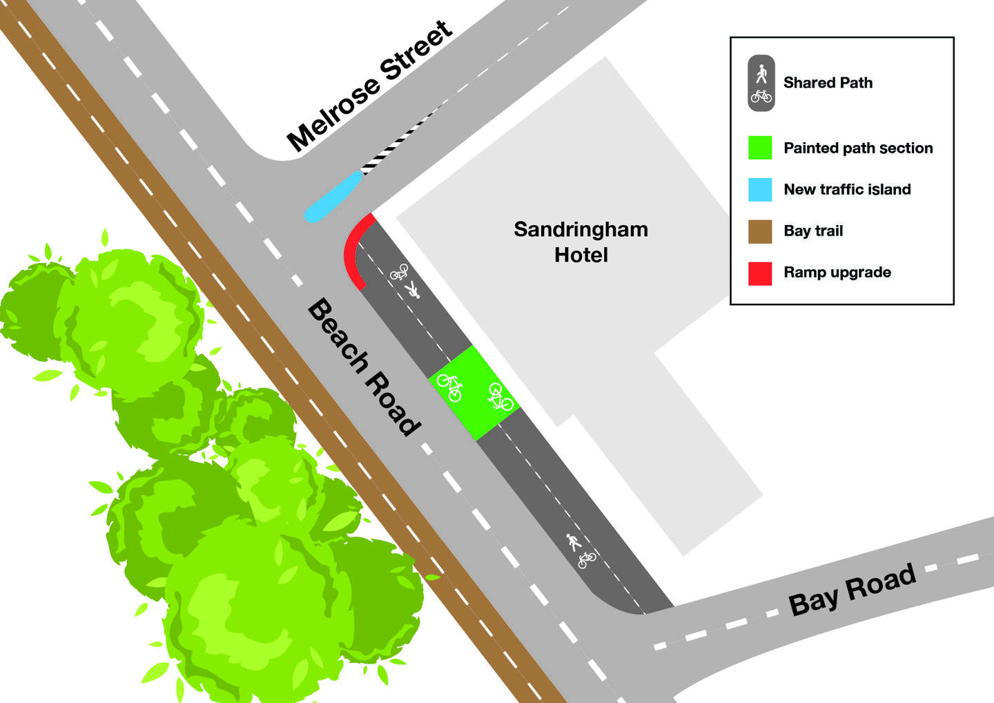 Map of Cycle Sandringham stage 1 section 1 bike path treatments at the Melrose Street and Beach Road intersection