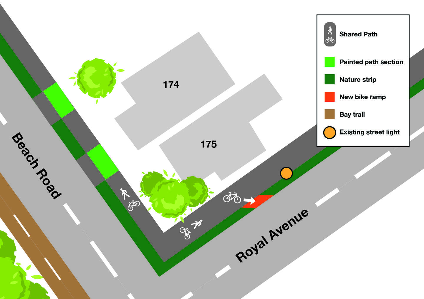 Map of Cycle Sandringham stage 1 section 1 bike path treatments at the Beach Road and Royal Avenue intersection
