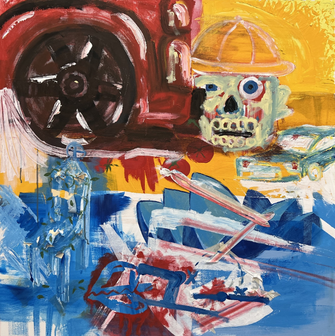 Abstract painting including a scull, a car wheel, Sydney opera house. Mac. Young People of Bayside Art Exhibition winner. 