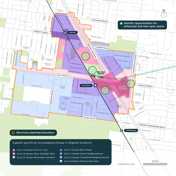 A map of proposed building heights in the Cheltenham Suburban Rail Loop precinct