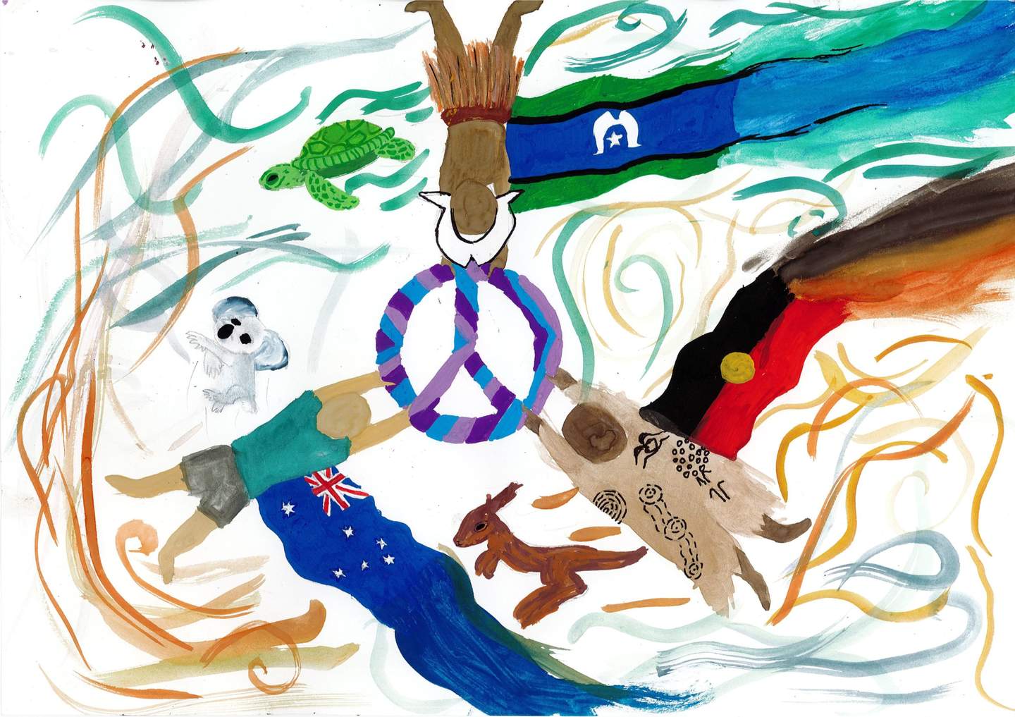 A child's drawing of a peace sign with an Australian flag, aboriginal flag and Torres Straight Island flag. Animals including a koala, turtle and kangaroo also feature in this artwork. 