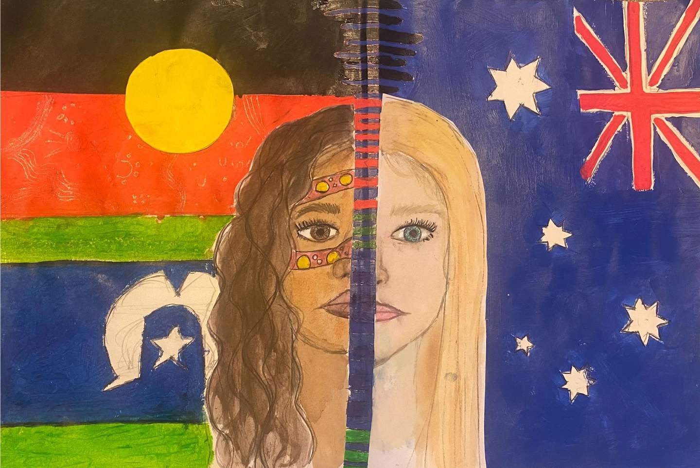 Childs painting of two young girls with flags in the background.