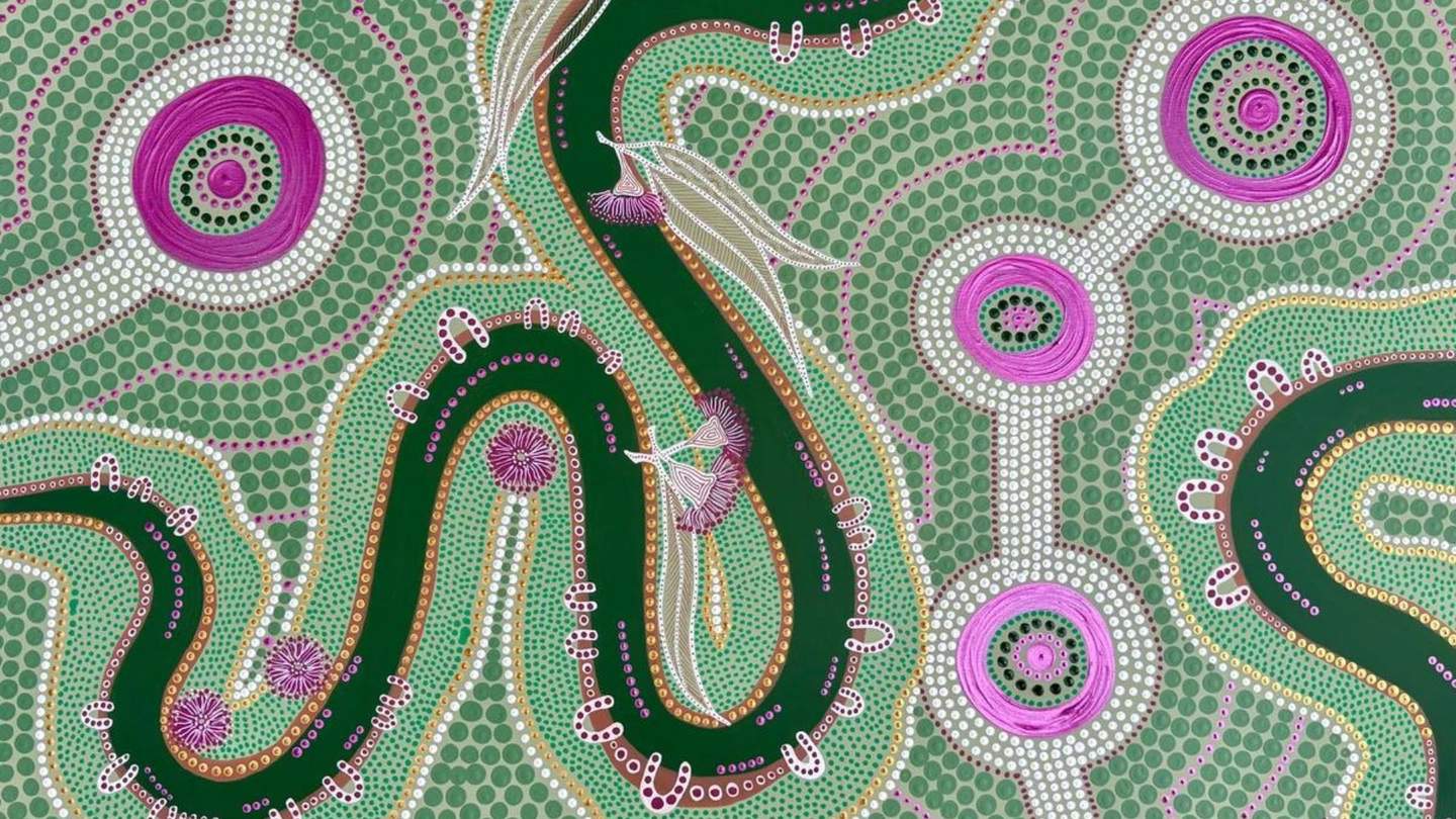 green and pink aboriginal art