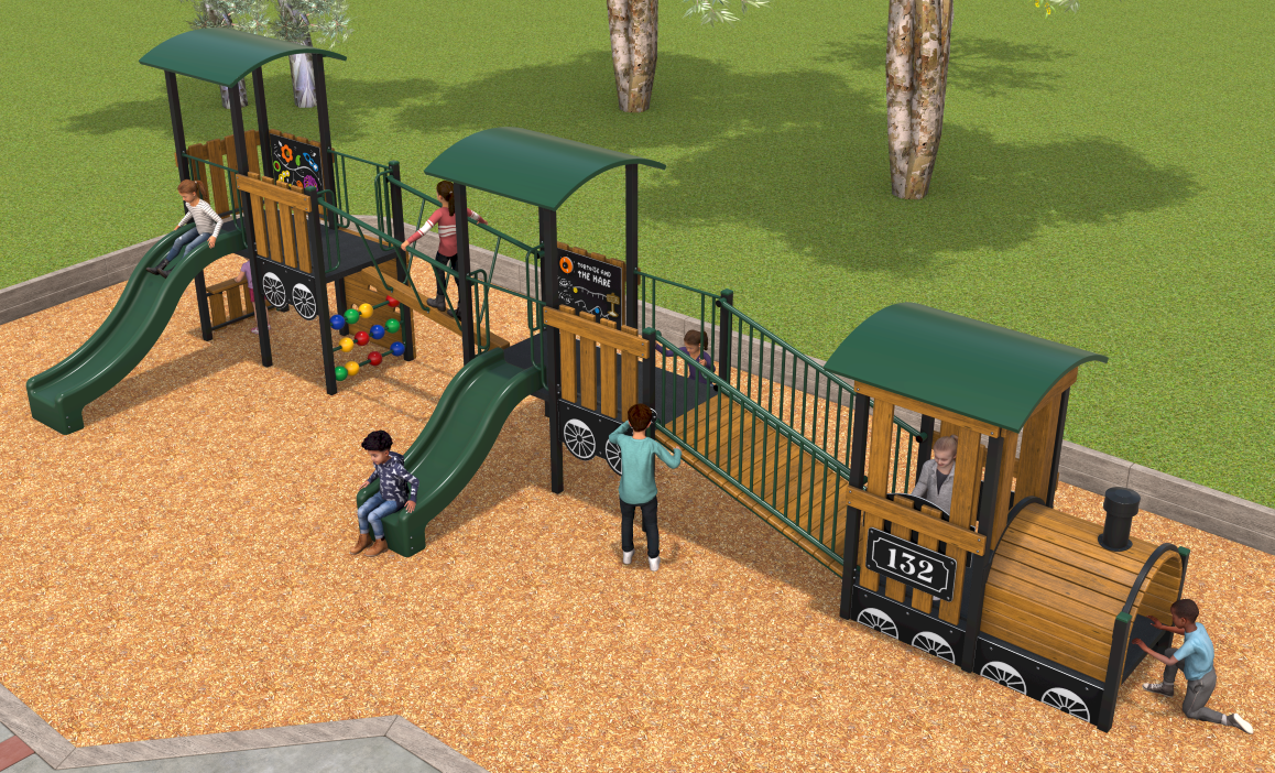 Render image of new train for Myrle Road playground. Front carriage with green roof. Green bridge connecting to the first carriage with green slide and green roof. Timber balance beam with green rope railings connecting to the second carriage with a green roof and slide.