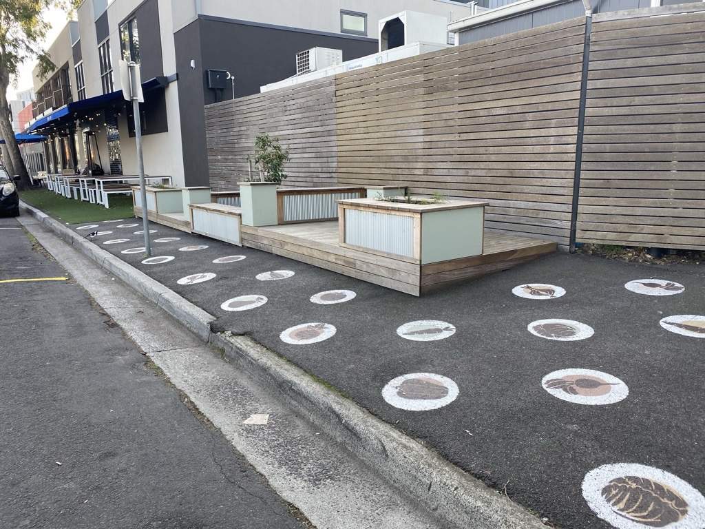Small Street Hampton placemaking project. Painted white circles on the footpath, with a wooden raised platform with wooden planter boxes and benches.