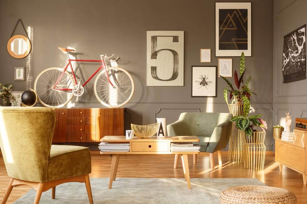 Living room with furniture and a bicycle