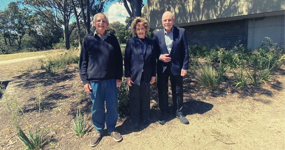 Robert Fooks, Paul Rapke and Joan Hayes photographed in the garden