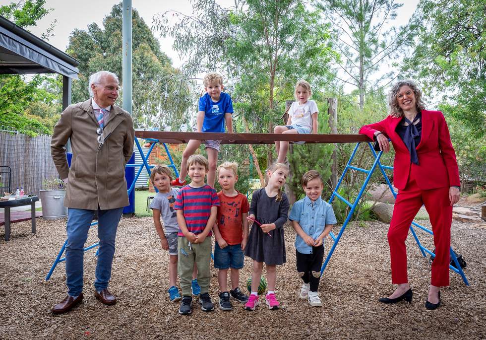 Bayside Mayor Cr Alex del Porto, MP Nina Taylor and Bright North Kinder kids in the playground