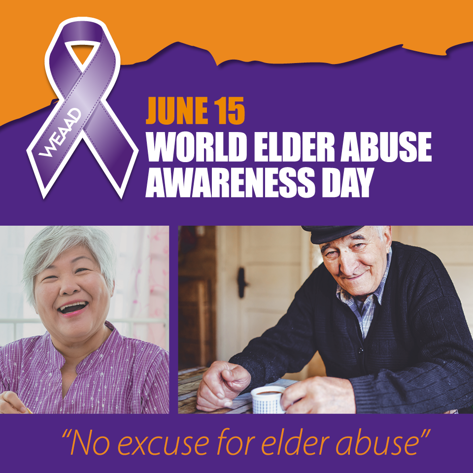 Elder Abuse Awareness Day with a senior lady and man drinking a cup of tea