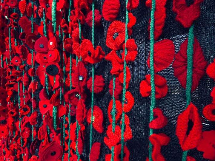 Strings of crochet poppies hang together
