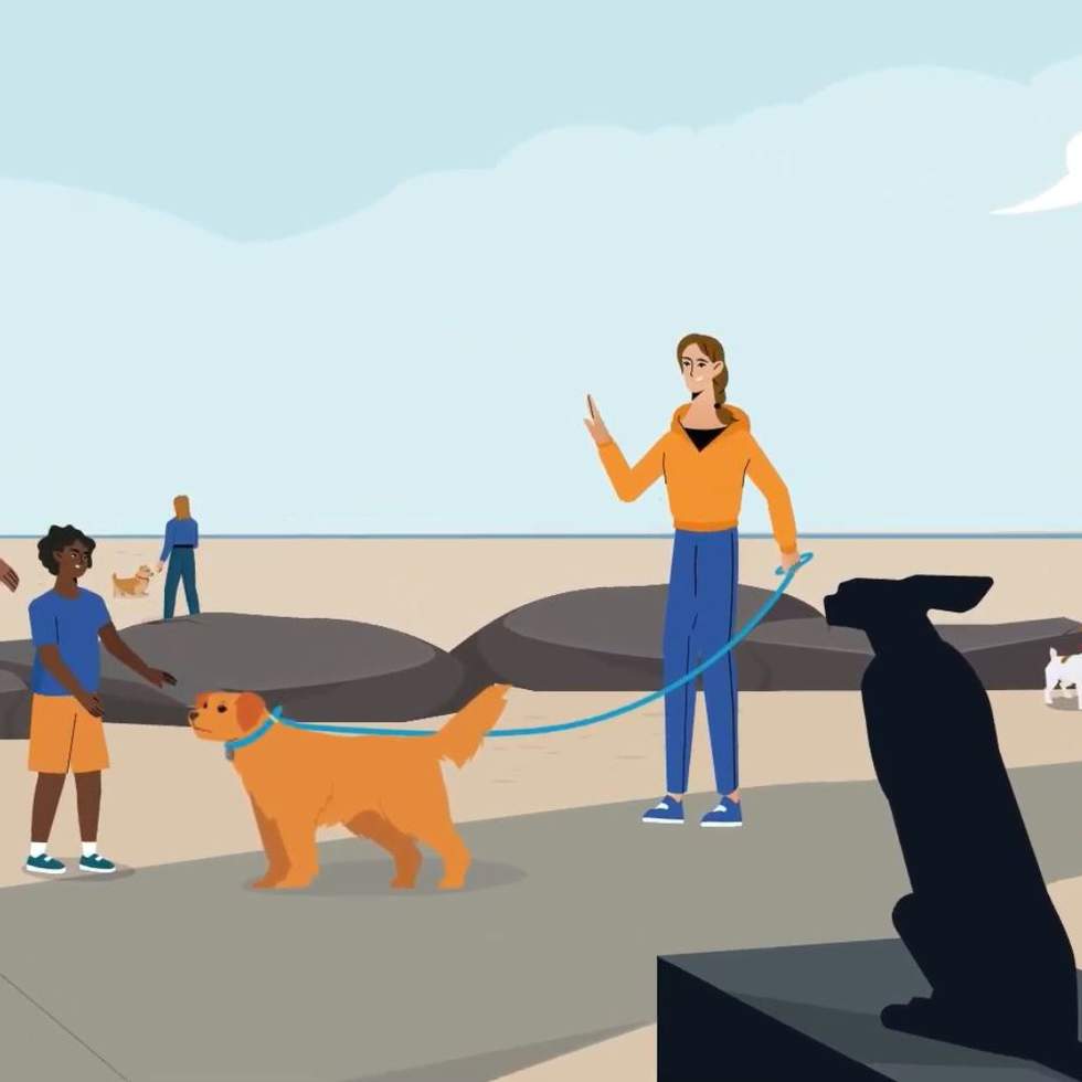 Digital illustration of a beach path with a woman her dog being approached by a kid 