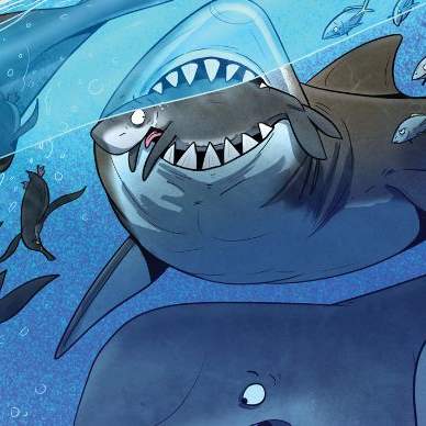 Cartoon illustrations of prehistoric animals such as whales and sharks