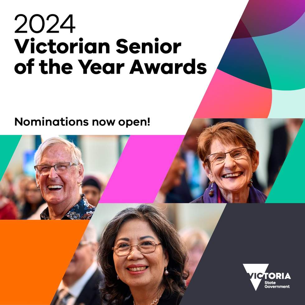 Three iolder people smiling on a white banner with texzt that reads 2024 Victoria Senior Awards.