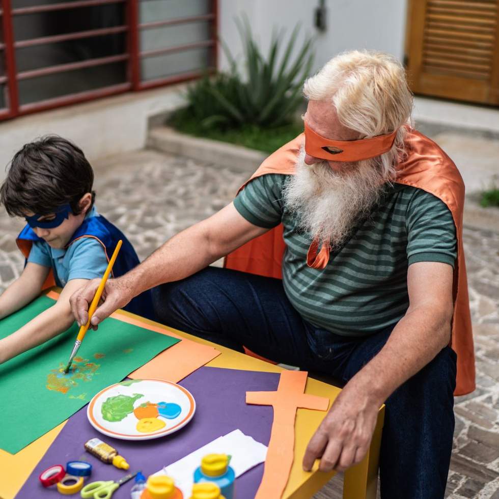 A senior man and young child in handmade super hero costumes painting