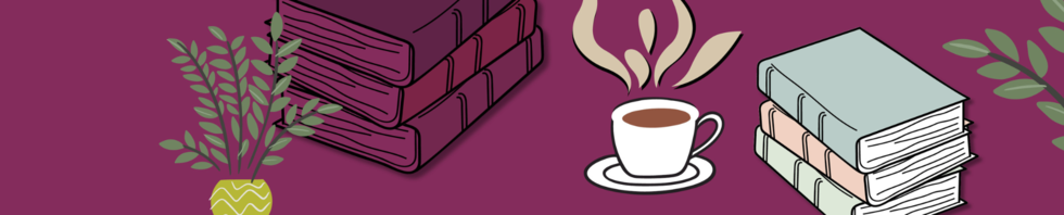 A purple graphic with illustrations of books, plants and a coffee cup